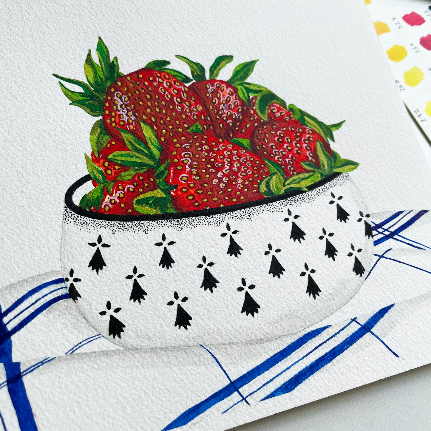 Aquarelle originale ⭑ Fraises dans un bol breton