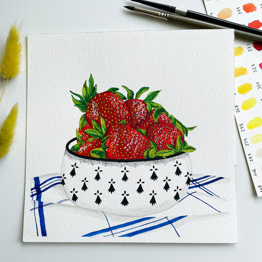 Aquarelle originale ⭑ Fraises dans un bol breton