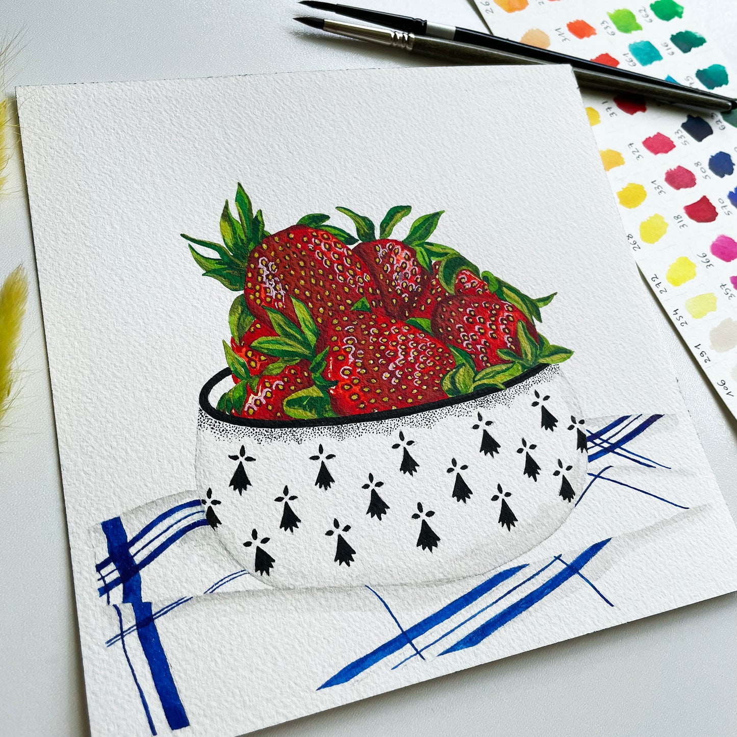 Aquarelle originale ⭑ Fraises dans un bol breton