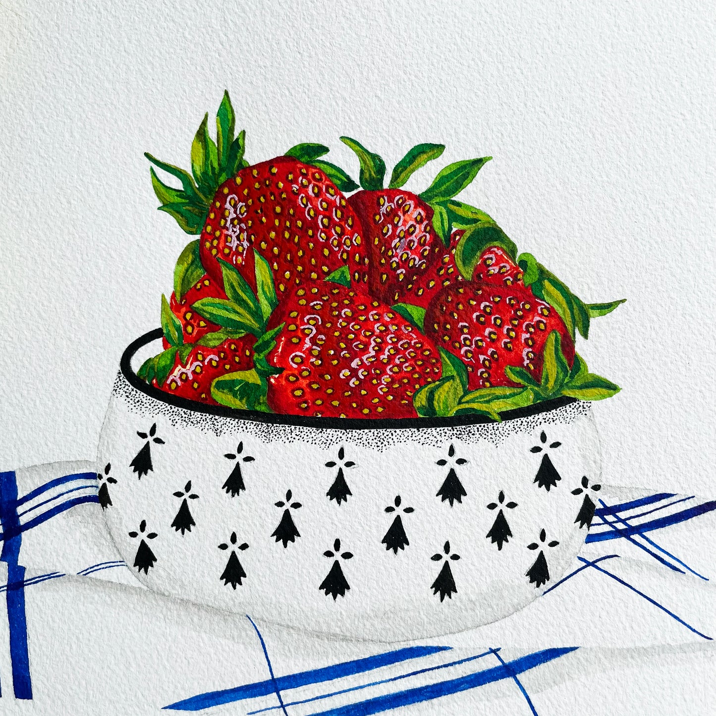 Aquarelle originale ⭑ Fraises dans un bol breton